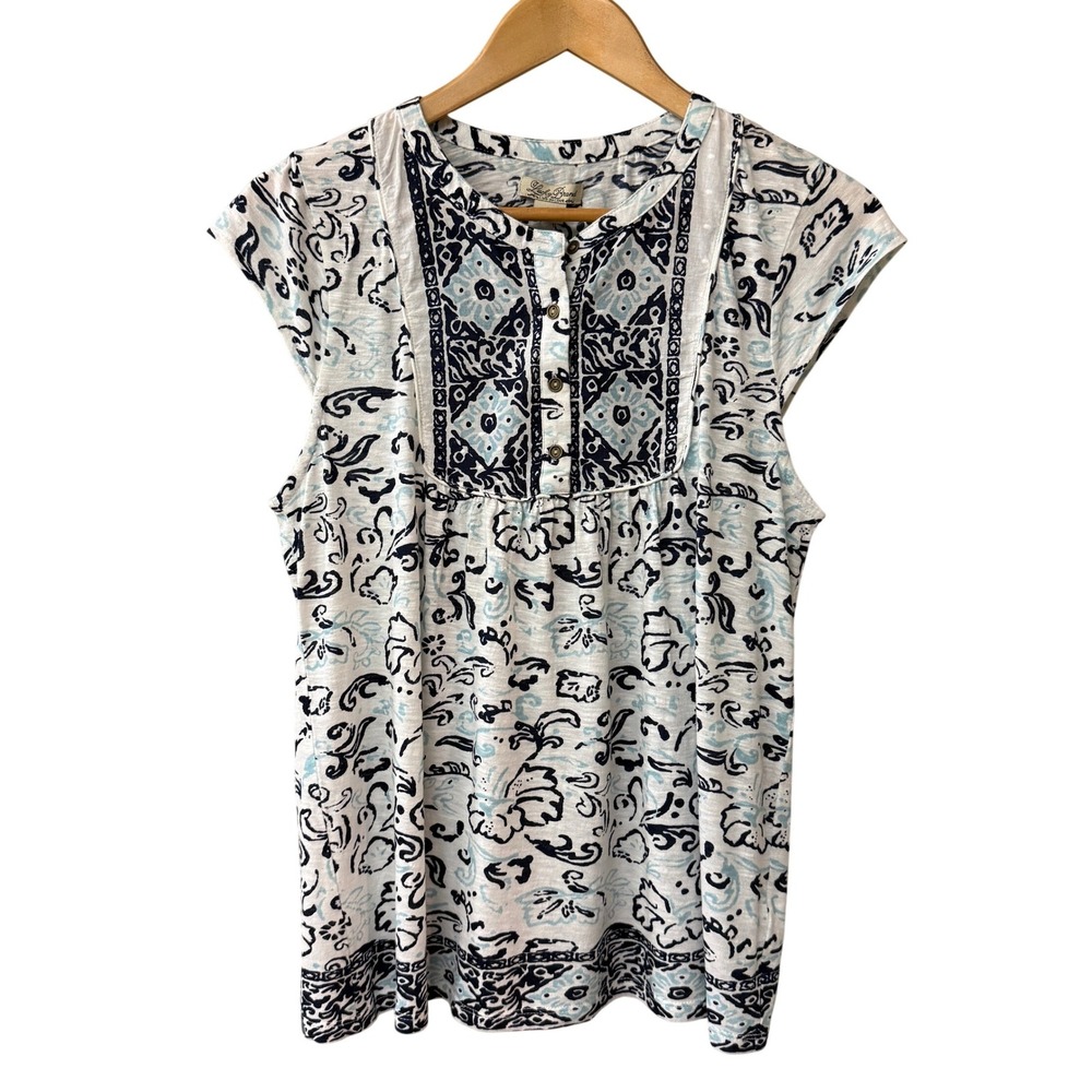 NWT Lucky Brand Womens Cap Sleeve Knit Top Damask Floral Boho Bib Cotton Medium